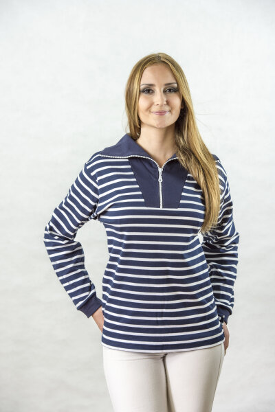 Breton shirt with zip blue with white stripes